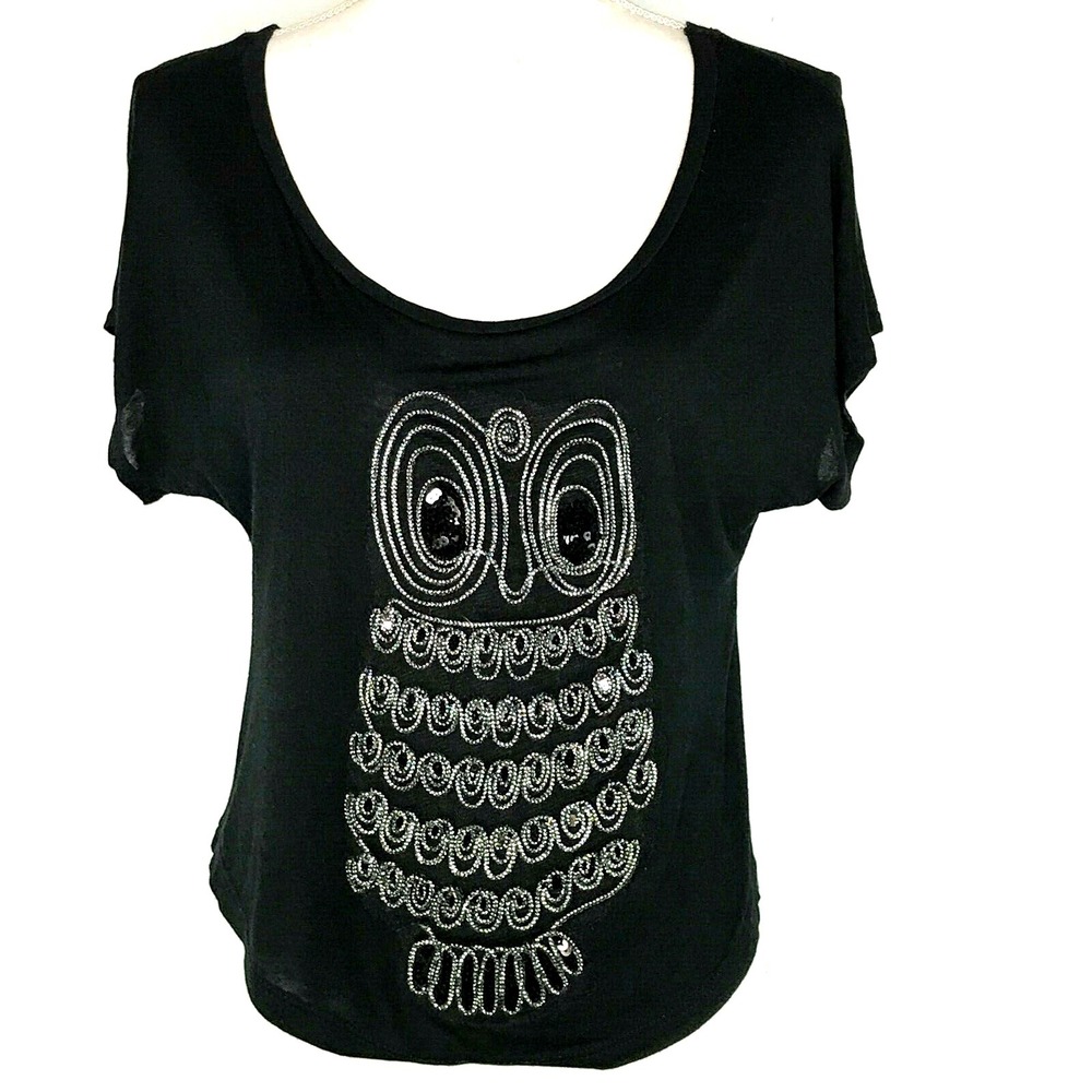 Womens Size S? Crop Top Shirt Owl Decor Black Silver Embroidered no size tag